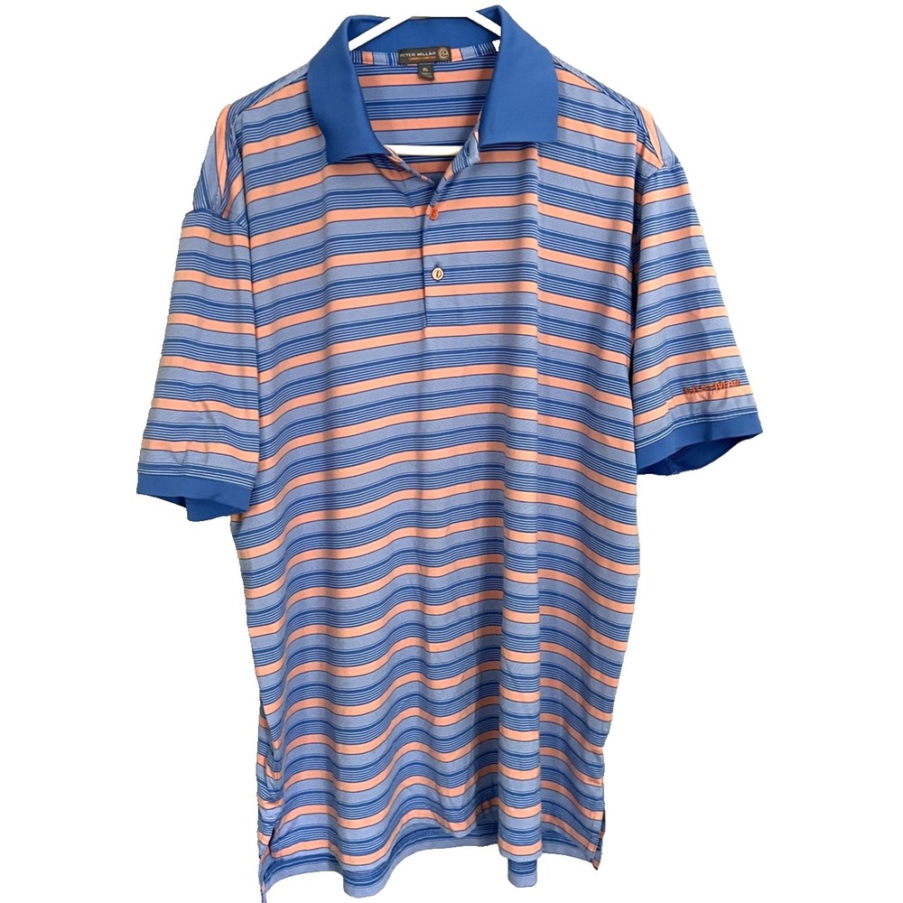 Peter Millar Polo Shirt Mens XL Blue Orange Striped Summer Comfort Golf Stretch